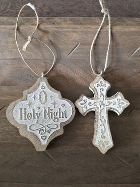 Wooden 'Holy Night' Ornament and Cross Set - Neutral Tan & Cream